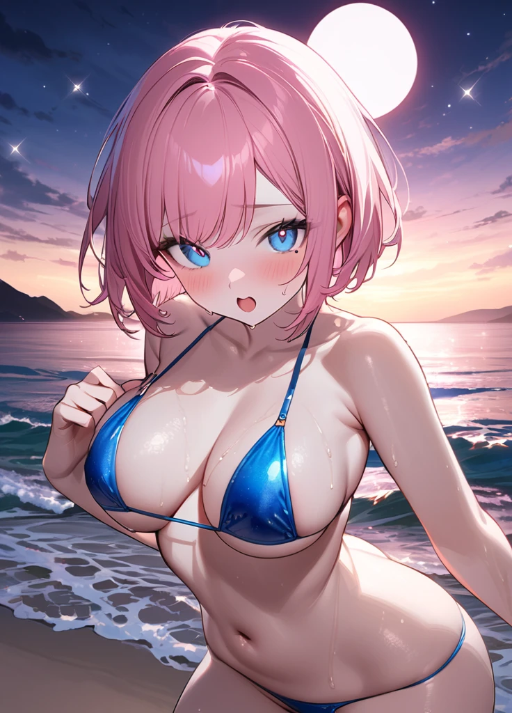 (One girl),(Best image quality, 32K, masterpiece:1.3), Anatomically correct, ((Pink Bob Cut:1.1)),(Swept-apart bangs,Braiding), (Cute eyes, Blue Eyes), (like々Funny face),(Mole under right eye), (thin), (Large Breasts),(Glowing Skin:1.1),(Pale skin:1.2),(Fantasyな雰囲気),(look up),Ultra-high resolution, Textured skin, Sparkle Effect, Fantasy,Bright Eyes,high school student,Wet body,Sweat,
Blue micro bikini,
Sexy pose,
nightの浜辺,moonlight,Ocean,Sandy Beach,night,full moon,Duck mouth,