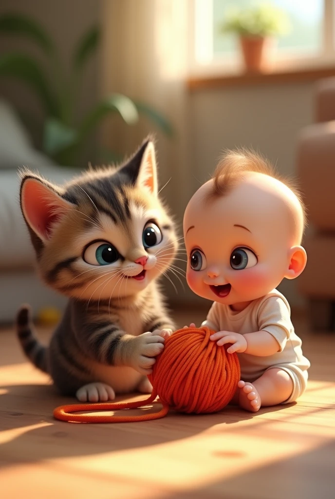 A cat and a playing together with a ball of yarn