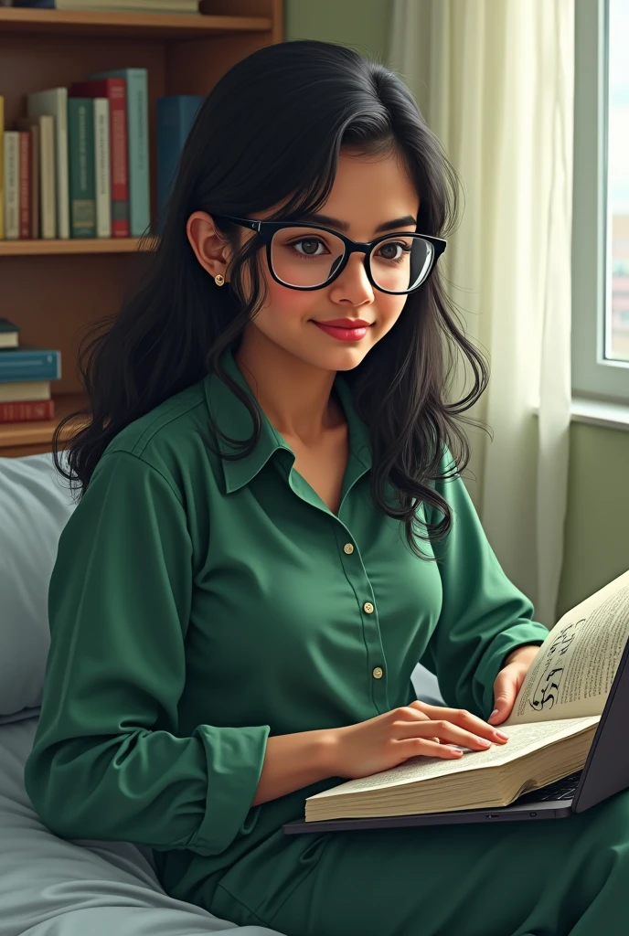 A healthy bangladeshi girl wearing spectacles
reading on portable laptop table on a bed in a ladies hostel room wearing green colour dress.She is a mbbs student she reads davidson medicine book.A window, a bookself present beside her bed.