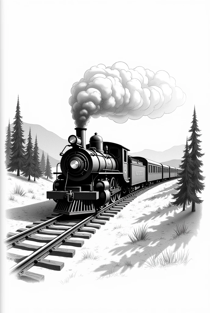 Please, Create a black and white drawing of an old train with a smoking locomotive and several carriages. The train should be on a single track, with hills and trees in the background, and leaves room for children to add details such as passengers or more cars..