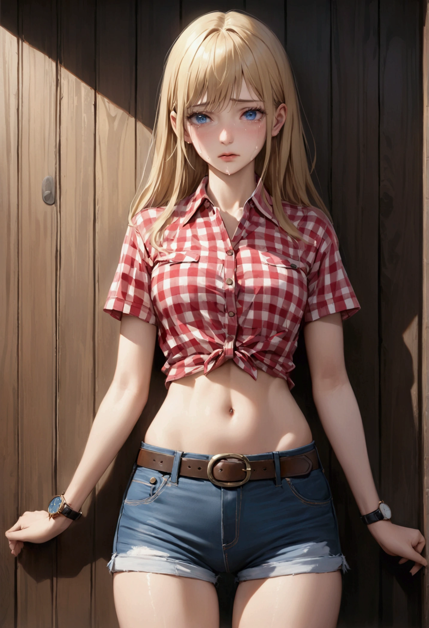 Woman with long blonde hair, blue eyes, An athletic body, Red checked tight ultra short sleeve collared shirt, watch, Navel exposed, Denim hot pants, Brown belt with oval buckle, Stand up straight, Are crying,In front of a wooden wall,Front view,Cowboy Shot,16K, Highest quality, masterpiece, Realistic, detailed