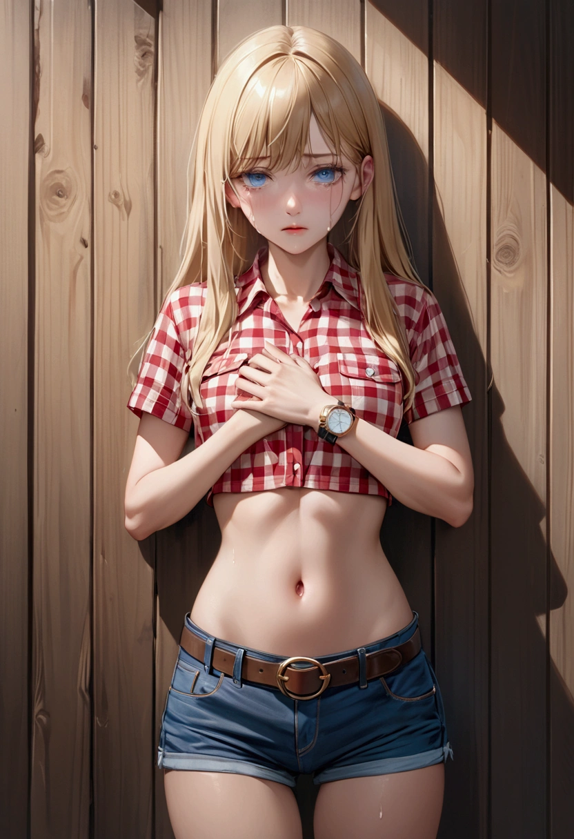 Woman with long blonde hair, blue eyes, An athletic body, Red checked tight ultra short sleeve collared shirt, watch, Navel exposed, Denim hot pants, Brown belt with oval buckle, Stand up straight, Are crying,In front of a wooden wall,Front view,Cowboy Shot,16K, Highest quality, masterpiece, Realistic, detailed
