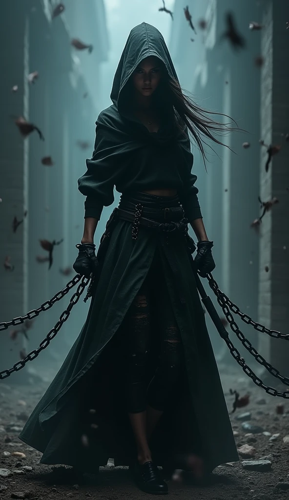 a female ninja in a dark atmosphere, chains flying out from all directions, chains as main weapon, randomized chain movements, chains flying towards the viewer, strong depth of field
