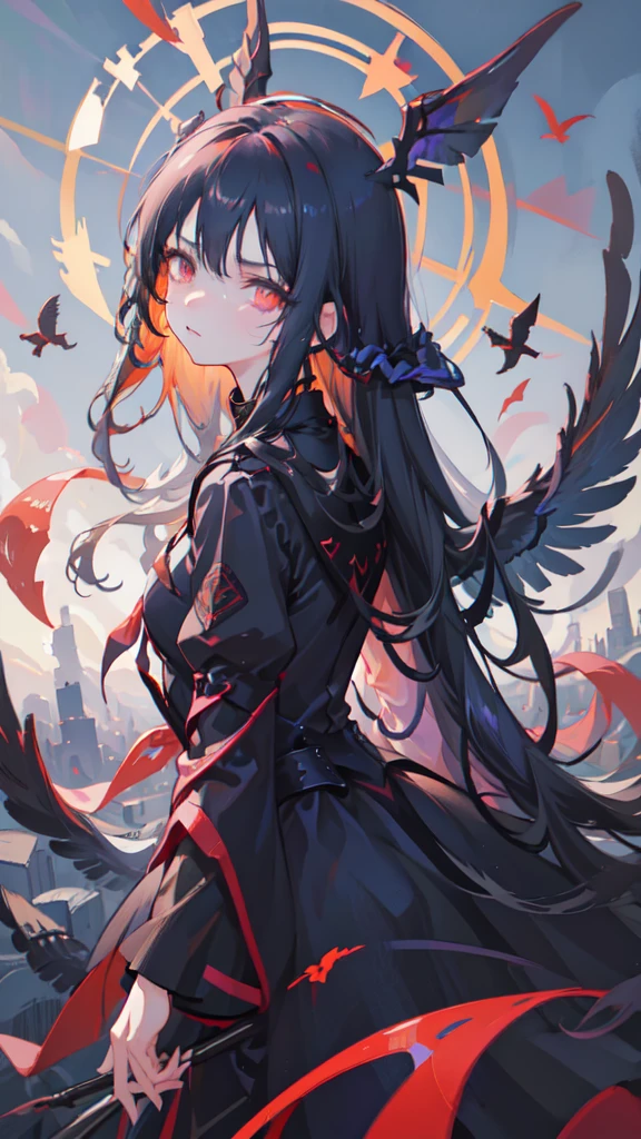 Devil adult female,Red eyes,Black wings、Black Tail、Sick eyes、Shadow on face、Glaring、Black Dress、Dark emotions、Crows flying in circles in the sky、Black Tears,　Gliding on wings