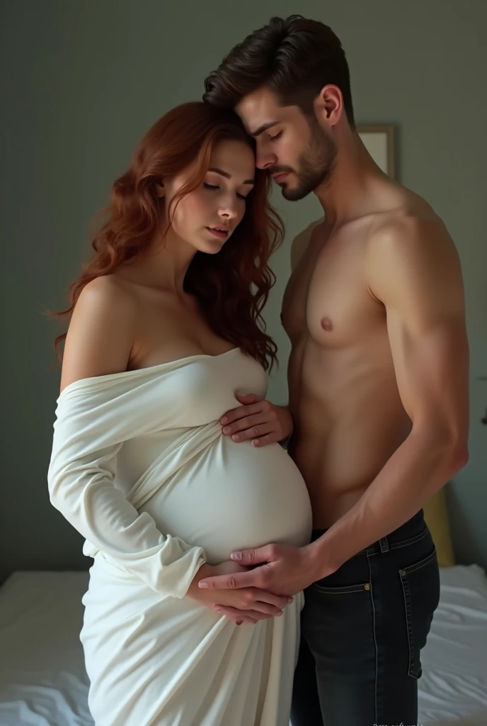 Chestnut woman, pregnant, very beautiful, the body was wrapped in a white sheet, standing in front of her boyfriend who is serious and shirtless. he very attractive. They are in a room. she sad and crying