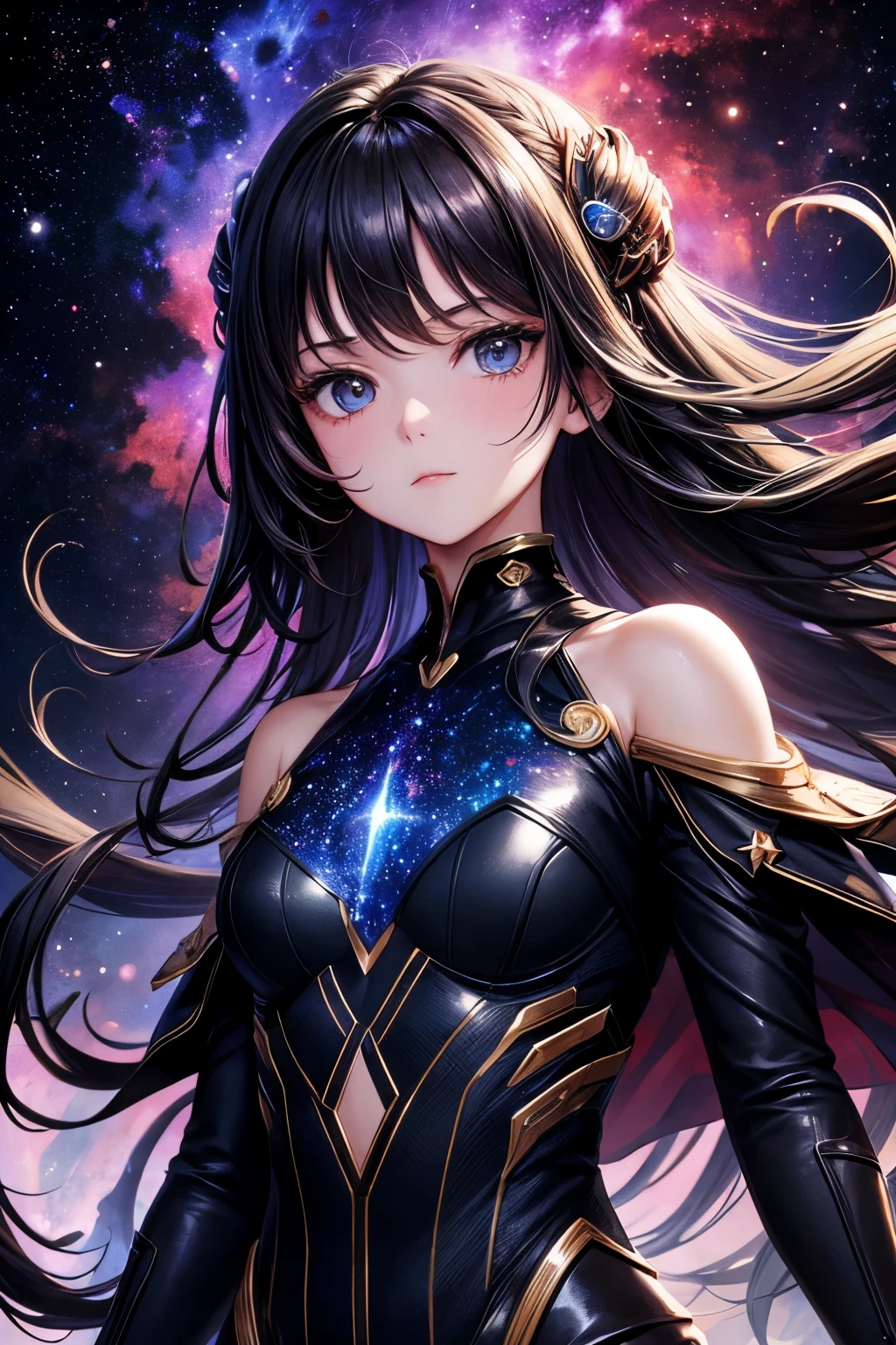 A space scene with nebulae, Stars and galaxies, reflecting the interdimensional theme.Floating Elements: Small cosmic shards and runes floating around Riven's image to add dynamics and depth.
Border and Layout: Soft, rounded edges with a slight shine, complementing the interdimensional theme.Paleta de cores: cosmic black, azul celestial, fiery red, mystic silver, Golden Style: Futuristic and mystical design with light and shadow effects. Stylized fonts with a touch of fantasy and science fiction.
