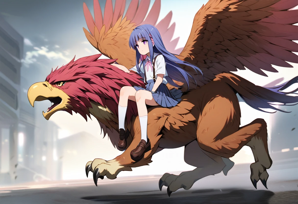 (griffin), ((Riding Griffin)), (Rika Furude), woman, alone, Long Hair, Blue Hair, Purple eyes, school uniform, Pink ribbon, Collared shirt, Pleated skirt, suspenders, Flat Chest, full body