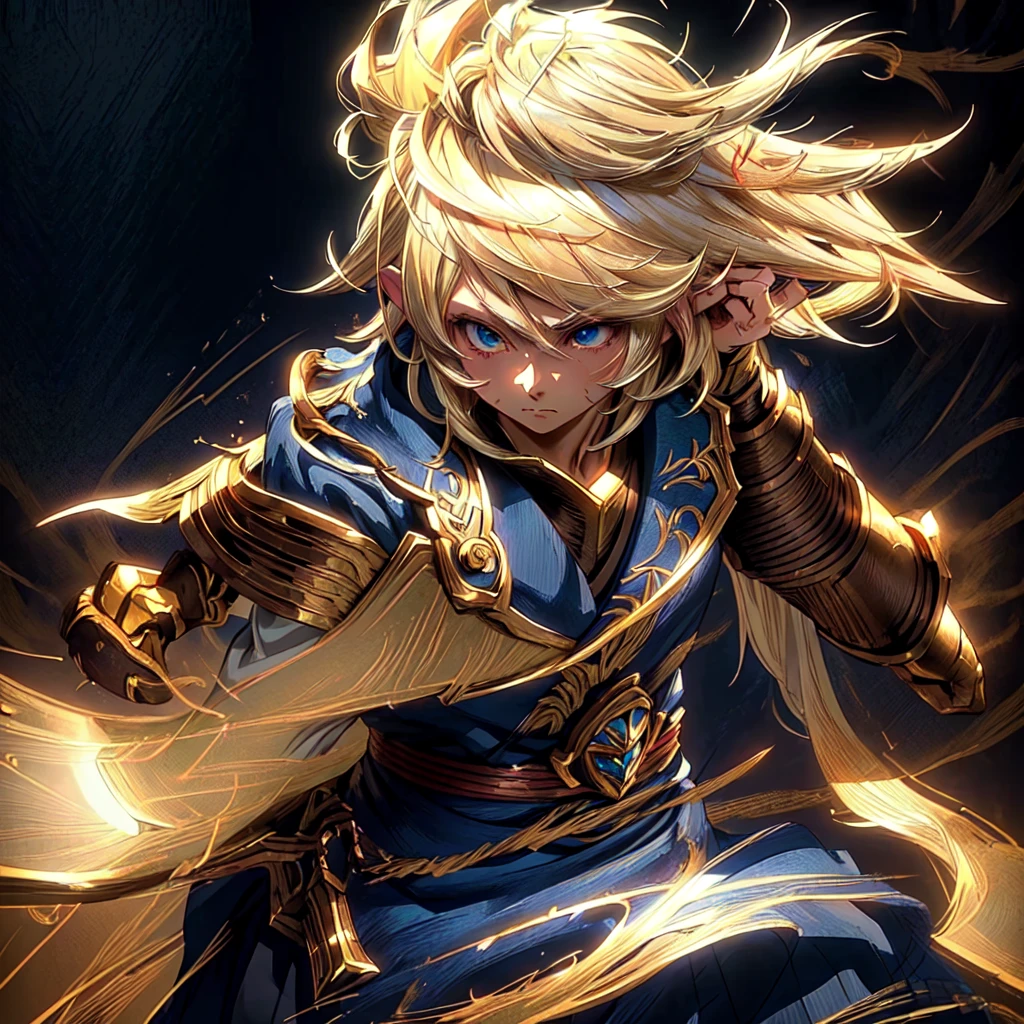 Profile picture of a serious, blond-haired lalafel man with an anatomically perfect face and body, dynamic pose, blood aura, cinematic lighting, god rays, (anime style:1.2), UHD, masterpiece, accurate, high quality, highres