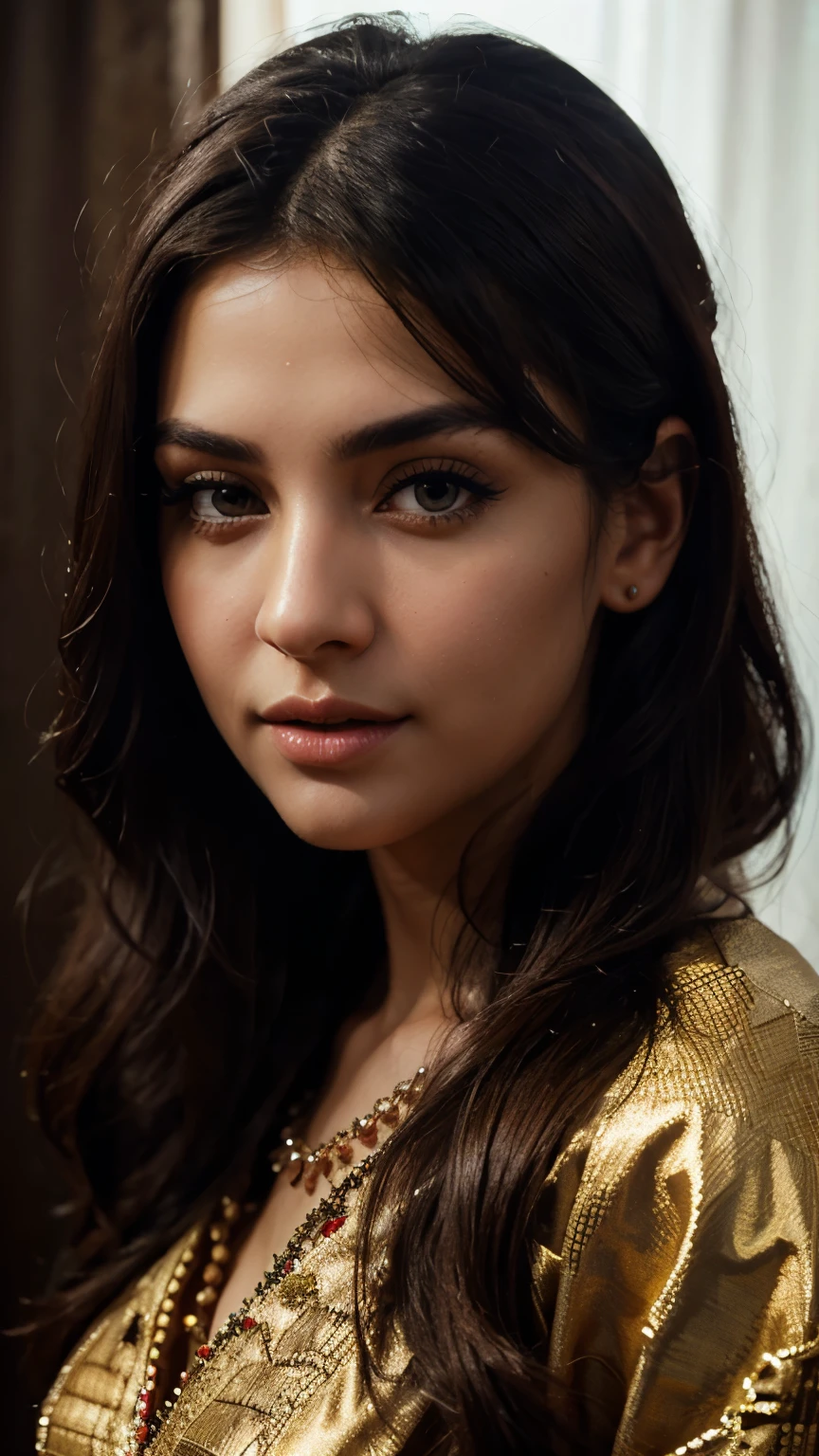 Sitting, beautiful detailed eyes, beautiful detailed lips, extremely detailed eyes and face, long eyelashes, 1girl, detailed high-quality portrait, sexy afghan dress, beautiful afghan woman, detailed high-quality digital painting, elegant, charming, dramatic lighting, cinematic color palette, dramatic chiaroscuro lighting, rich and vibrant colors, photorealistic, 8k, best quality, masterpiece
