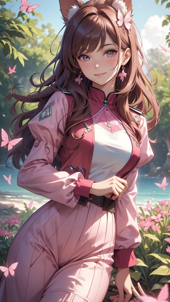 (best quality,4k,8k,highres,masterpiece:1.2),ultra-detailed,(realistic,photorealistic,photo-realistic:1.37),acrylic painting,beautiful Brazilian model in a uniform outfit with downy hair,beautiful Brazilian model with extremely colorful brown hair and detailed facial features,beautiful Brazilian model standing in a beautiful garden sakura flowers, long hair,cat ears, hair bows, red and pink uniform outfits, smile, happy face,light brown hair,butterflies, brown eyes, mature woman, older woman, 30 year old, adult woman. Older lady, posing,Solo, teal and pink butterflies, close up