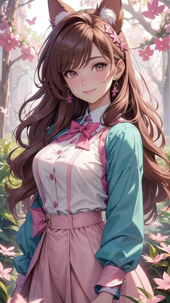 (best quality,4k,8k,highres,masterpiece:1.2),ultra-detailed,(realistic,photorealistic,photo-realistic:1.37),acrylic painting,beautiful Brazilian model in a uniform outfit with downy hair,beautiful Brazilian model with extremely colorful brown hair and detailed facial features,beautiful Brazilian model standing in a beautiful garden sakura flowers, long hair,cat ears, hair bows, red and pink uniform outfits, smile, happy face,light  brown  hair,butterflies, brown eyes,  mature woman, older woman, 30 year old, adult woman. Older lady, posing,Solo, teal and pink butterflies, close up