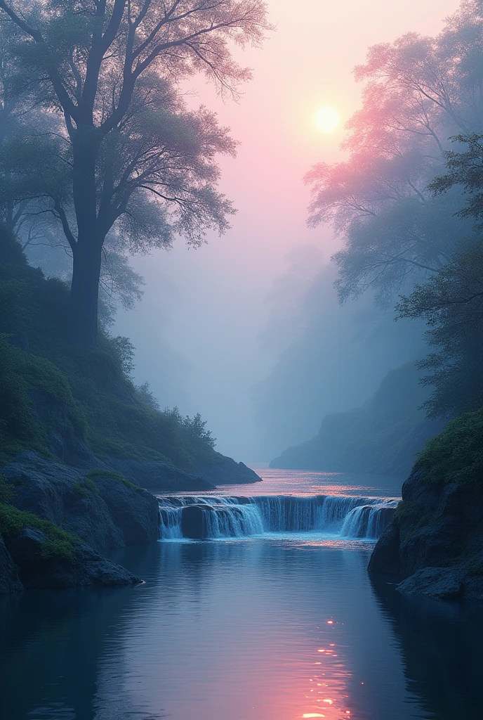 Analog Style,Chroma V5,Nbinkupunk,(非常にdetailedな CG ユニティ 8k 壁紙),majestic river image, Trees on both sides々but, Small waterfall, Thick Fog ,Award-winning photography, chromatic aberration, detailed , High resolution, bloom, Monet's Style, Pissarro, Sisley ,artステーションでトレンド, Trending on CGSociety, art:midjourney