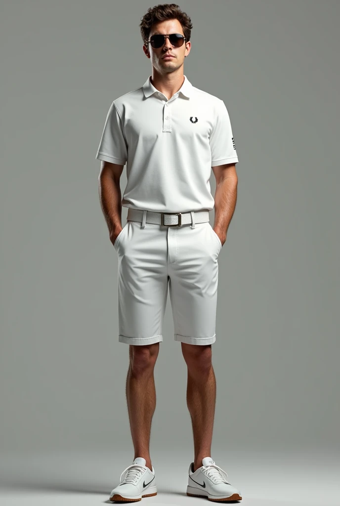(Photorealism:1.2), full body golfer brown hair and eyes wearing a white Fred Perry polo shirt and Rayban sunglasses and white Nike sneakers 8k ultra realistic photorealistic super detailed