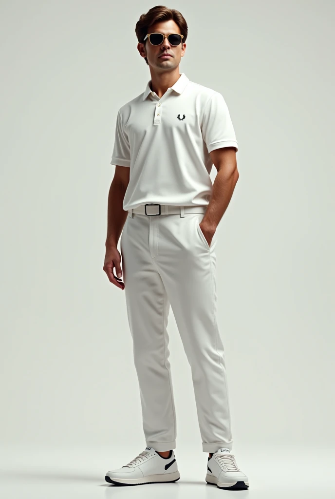 (Photorealism:1.2), full body golfer brown hair and eyes wearing a white Fred Perry polo shirt and Rayban sunglasses and white Nike sneakers 8k ultra realistic photorealistic super detailed