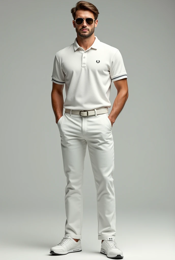 (Photorealism:1.2), full body golfer brown hair and eyes wearing a white Fred Perry polo shirt and Rayban sunglasses and white Nike sneakers 8k ultra realistic photorealistic super detailed