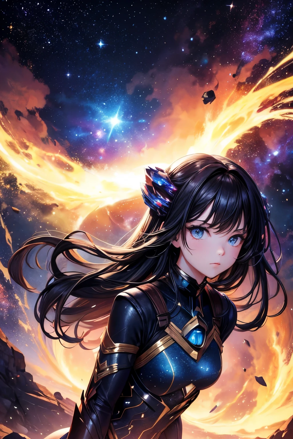 (best quality, masterpiece), 1 girl, posture, particle, , Upper Body, Simple background, looking at the audience, black wild hair, universe, nebula, galaxy