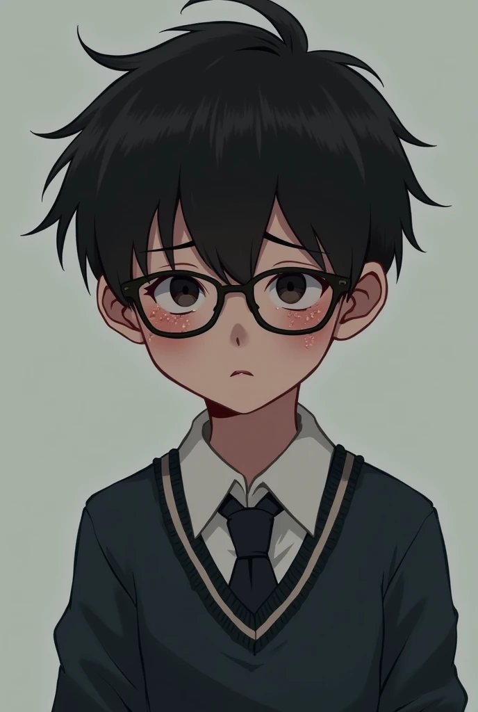 Boy , ,wearing glass, school uniform , sad ,sweat