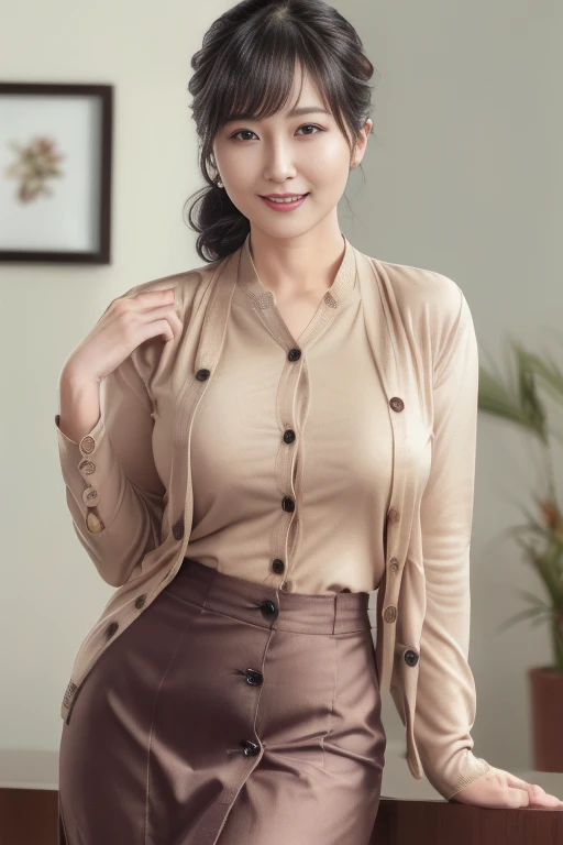 Masterpiece, highest quality, photo quality, 4K high resolution, beautiful Japanese office lady, sexy office lady, cute smile, full body photo of office lady, perfect lighting, lighting that shows off mature woman, woman in blouse, wearing buttoned blouse, (((buttons on blouse are undone))), (((bra is visible on blouse))), ((bra)), ((sexy chest)), (((wearing cardigan over blouse, all buttons on cardigan are undone))), chest that excites men sexually, wearing cotton tight skirt, ((thighs are visible, beautiful thighs, thighs are extending from under skirt)), woman has beautiful legs, thighs that excite men sexually, beautiful thighs, woman leaning against wall, photo from knees up, smiling, round face, updo, bangs, droopy eyes, kind eyes,