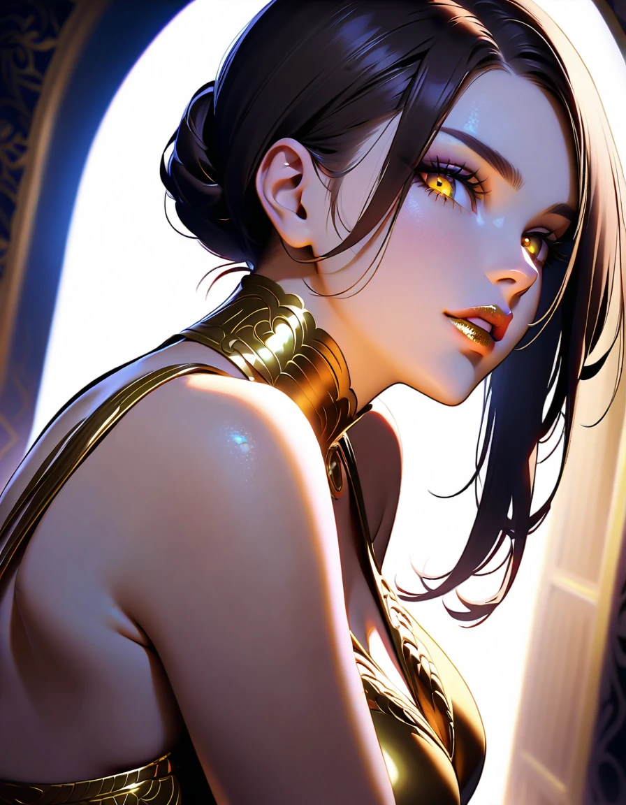 A close-up shot of the enigmatic evil MILF's face, her icy gaze piercing through the lens as she exudes a mesmerizing aura. Soft, golden lighting illuminates her porcelain skin, highlighting the subtle curves of her lips and the arch of her eyebrows. Her dark hair cascades down her back like a waterfall, framing her features with an air of mystery. She poses confidently, one hand resting on her hip as she seems to be beckoning the viewer's attention. The background is blurred, allowing the audience to focus solely on her captivating presence, which draws in men with a masochistic inclination, rendering them helpless against her seductive charm.