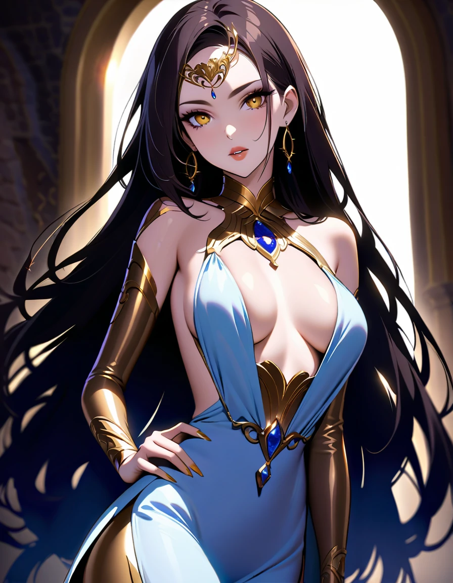 A close-up shot of the enigmatic evil MILF's face, her icy gaze piercing through the lens as she exudes a mesmerizing aura. Soft, golden lighting illuminates her porcelain skin, highlighting the subtle curves of her lips and the arch of her eyebrows. Her dark hair cascades down her back like a waterfall, framing her features with an air of mystery. She poses confidently, one hand resting on her hip as she seems to be beckoning the viewer's attention. The background is blurred, allowing the audience to focus solely on her captivating presence, which draws in men with a masochistic inclination, rendering them helpless against her seductive charm.