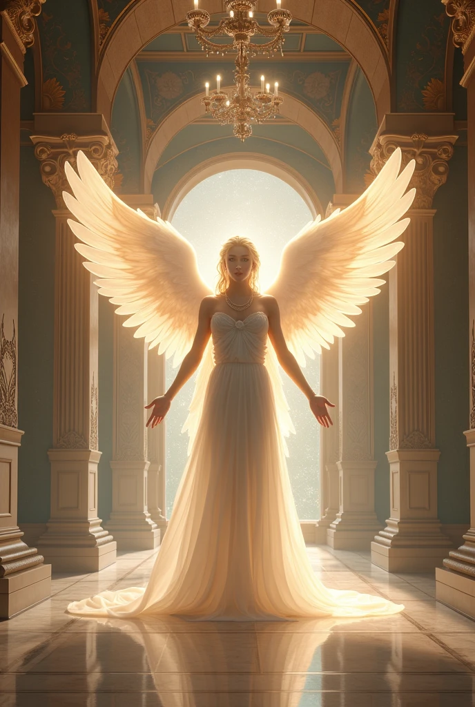 "Jofiel, the archangel of beauty and enlightenment. He inspires human hearts and brings divine beauty to the world.." inside a palace in a male form
