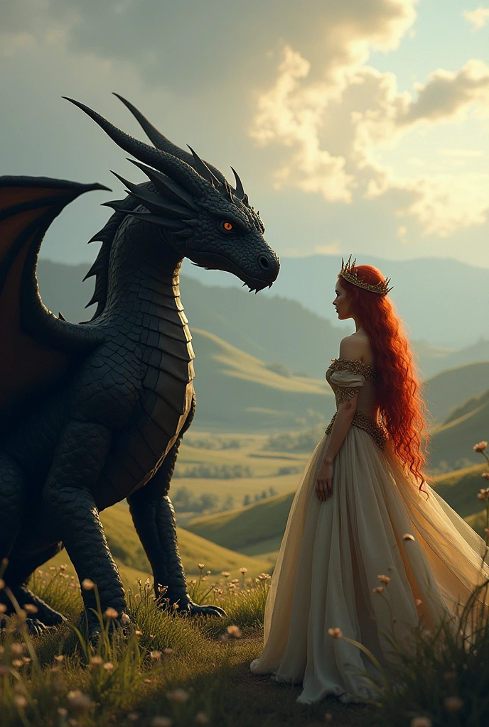 (photorealism:1.2), woman in a black ball gown, with blond hair, back turned to the viewer, standing in front of a HUGE dragons, with it’s wings spread behind it, in a meadow 