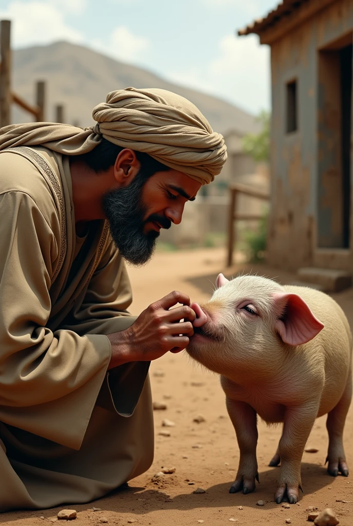 Arab petting a pig