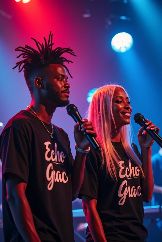 (GOOD QUALITY, : 1.8), black male singer and black female singer, brown, singing pop techno, worshiping god: 1, lights: 1.5, hair stuck, hair blonde: 1.3, (holding microphone: 1.2), Shirt with Echo Grace written on it, comely, red and blue, Face ultra detailed, band playing keyboard and drums in the back detailed, praising God, feeling the presence of God. each with 01 microphone