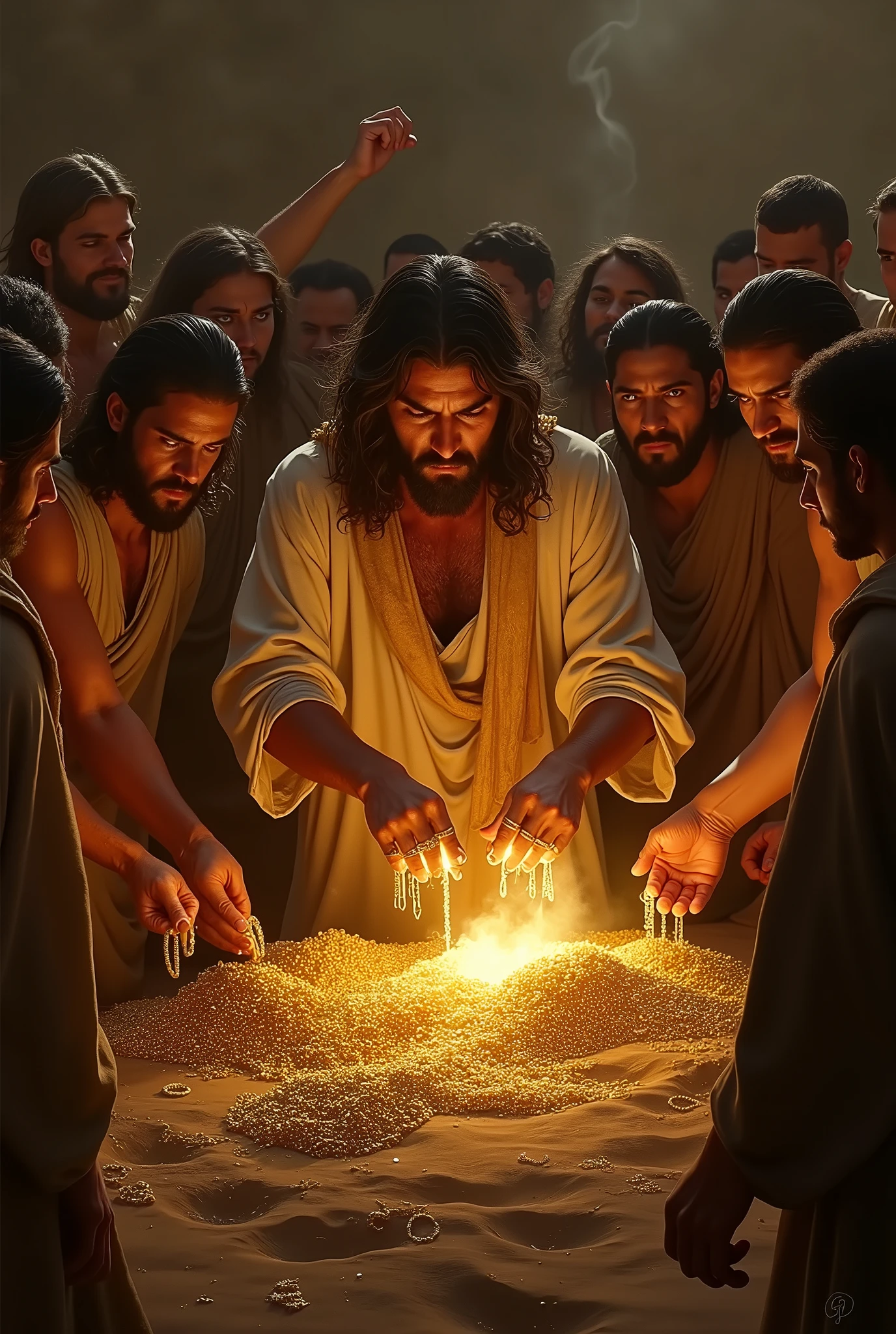 A scene in the Hebrew camp in the desert, with Aaron in the spotlight, concentrated as he fashions the golden calf. He is surrounded by anxious and impatient Hebrews, who hand over their golden jewelry and earrings to be melted. The golden calf, still in formation, begins to take shape under Aaron's hands, shining in the light of the flames that melt the gold. The atmosphere is tense, with expressions of expectation and reverence on the faces of the Hebrews, as the idol begins to emerge. In the 