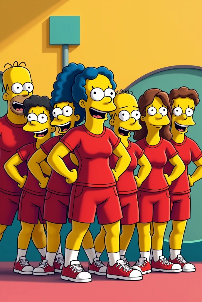 group of teachers, men and women with positive attitude, with simpson theme, wearing red sportswear