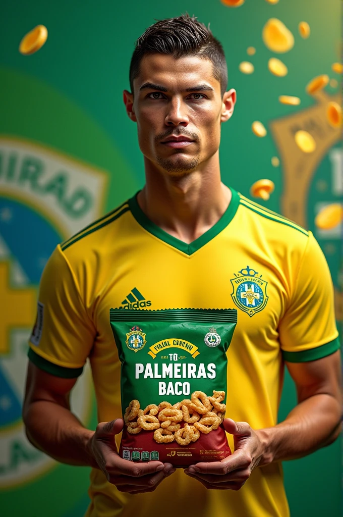 Make Cristiano Ronaldo the poster boy for a brand of snacks with a name "milhor" holding a packet of special edition Brazilian football team snacks, Palmeiras FC, bacon flavor