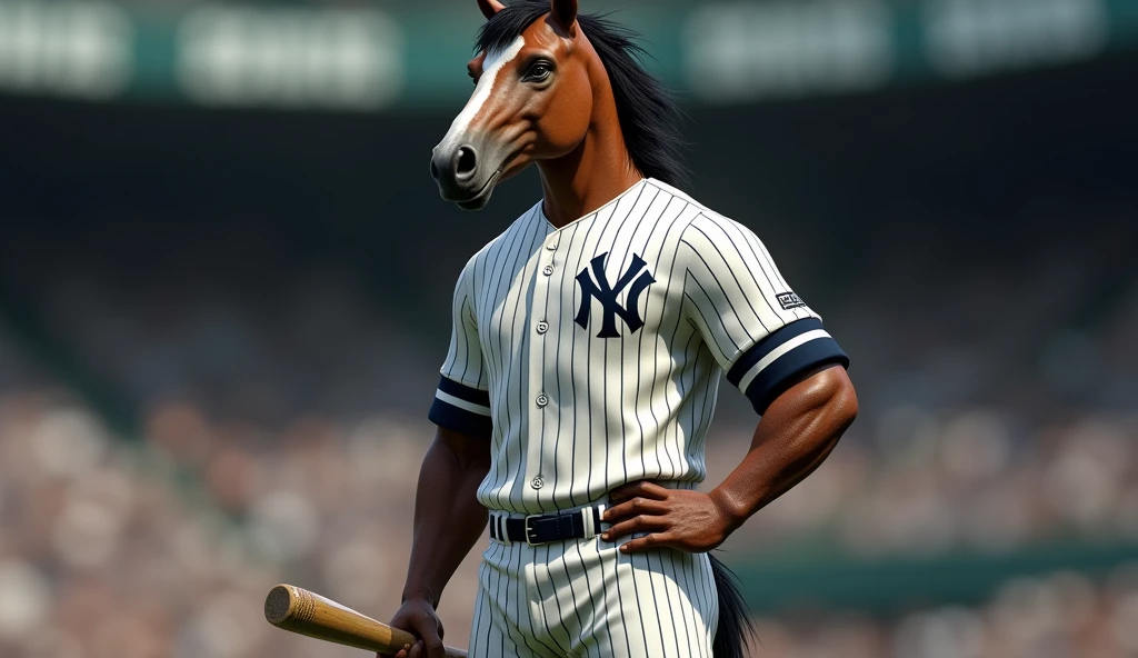 Baseball horse player with bat in toe, upright in Yankees Uniform