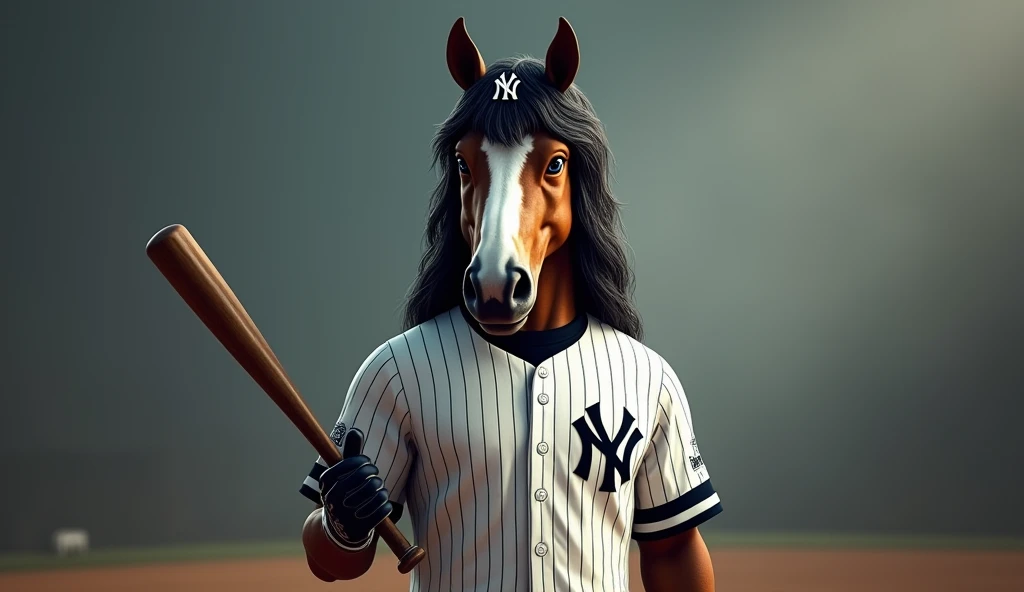 Baseball horse player with bat in toe, upright in Yankees Uniform