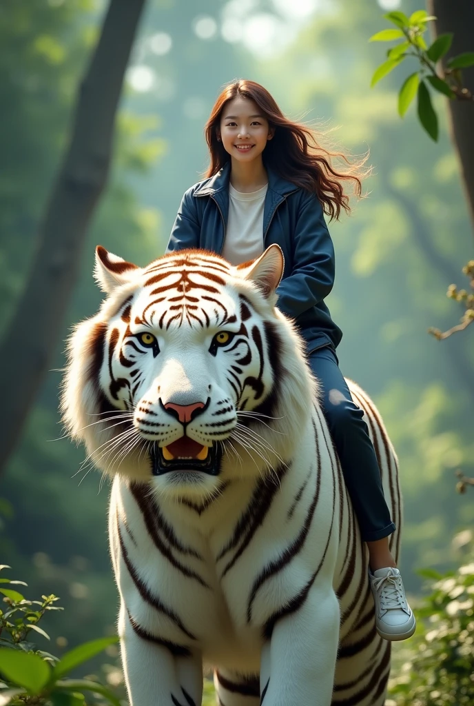 1 beautiful Korean adult woman,senyum,rambut panjang tertiup angin,very beautyfull,.wear a t-shirt,jaket navy,dan celana panjang.white shoes. riding a giant tiger in the jungle, very big white king tiger, tampak depan, facial details.