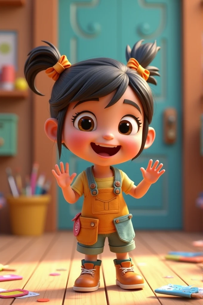 3d animated cheerful girl in craft outfit making ready symbol