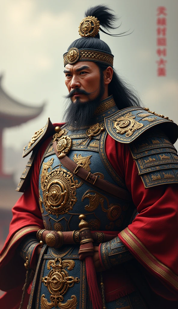 Depict Emperor Taizong in a warrior's attire, reflecting his prowess as a military genius. He wears an ornate battle armor with intricate designs, highlighting his status as both a leader and a warrior. A ceremonial helmet with a strong, protective design sits firmly on his head. His expression is one of calm determination, with eyes that reflect the resolve of a leader who has seen many battles. The background subtly suggests the grandeur of the Tang Dynasty's military campaigns.