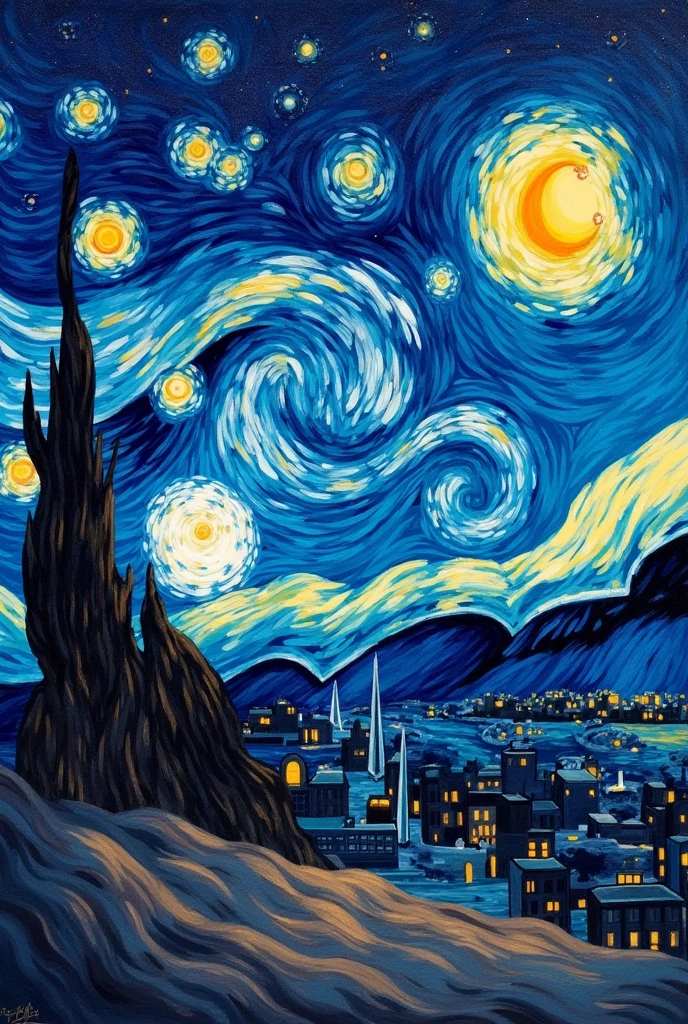Colorful Vincent Van Gogh Starry Night Sky :: Movie-quality 16k resolution masterpiece illustration oil painting, watercolor and ink :: Spiral galaxy in the sky :: Alien invasion fleet :: Frisco watercolor and oil painting sky raining shooting stars twinkling stars glittering stars sparkling stars big full moon stars :: Ivan Aivazovsky Kentaro Miura Gustav Doré Greg Rutkowski Romantic naturalism Starry night landscape :: Complex patterns,Perfect composition,masterpiece,Crazy details,Extremely detailed,Ultra detailed,Beautiful volume,deep,Rich colors,Volumetric Lighting,shadow,Ray Tracing,smooth,Perfect texture :: James Webb Space Telescope