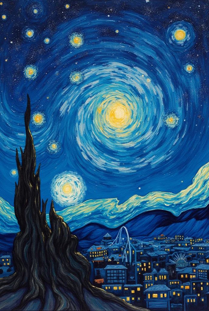 Colorful Vincent Van Gogh Starry Night Sky :: Movie-quality 16k resolution masterpiece illustration oil painting, watercolor and ink :: Spiral galaxy in the sky :: Alien invasion fleet :: Frisco watercolor and oil painting sky raining shooting stars twinkling stars glittering stars sparkling stars big full moon stars :: Ivan Aivazovsky Kentaro Miura Gustav Doré Greg Rutkowski Romantic naturalism Starry night landscape :: Complex patterns,Perfect composition,masterpiece,Crazy details,Extremely detailed,Ultra detailed,Beautiful volume,deep,Rich colors,Volumetric Lighting,shadow,Ray Tracing,smooth,Perfect texture :: James Webb Space Telescope