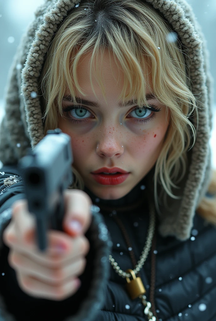 a beautiful blonde woman, Youngh, 20 year, short buzzcut style hair, she has straight bangs down to her eyebrows, wavy and messy hair, she's pointing a gun at me, His eyes are teary, half-open slitted eyes, tears in the eyes, she has a piercing gaze with her sky blue eyes, she has thin lips and a wide mouth, she has freckles, long thin nose, her right eyebrow is raised higher, thin eyebrow, your left eye is slightly more closed, she wears a furry hood and a thick metal chain with a padlock around her neck, her makeup is smudged, real image like a mirror, life like, uhd, hyper detailled, motion and depth blur, olhos hyper detailleds, It's snowing a lot, hair wet, wet face, falling snowflakes, particle blur near the camera, lensflare, she has bruised lips with red stain, her nose and cheek are red, there are veins in the eyes