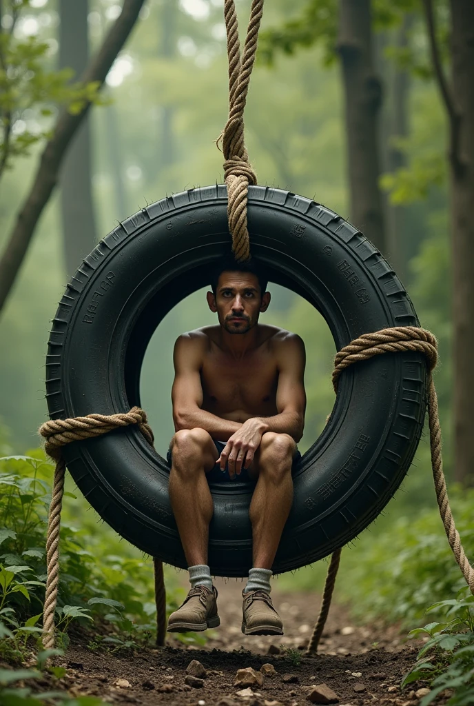 A man sit inside a tire tired with a very long rope
That is tied with tyre hanging it like he is doing potty sitting on a tire and background will be in forest the tired should not be tergitta ground it should be hanging in air and the Rope should be tied in like a Mount 10 peak the tyre should not touch the ground it should be hanging in the air rope should be seen very long more and more long rope make it ugle like a man doing toilet on that