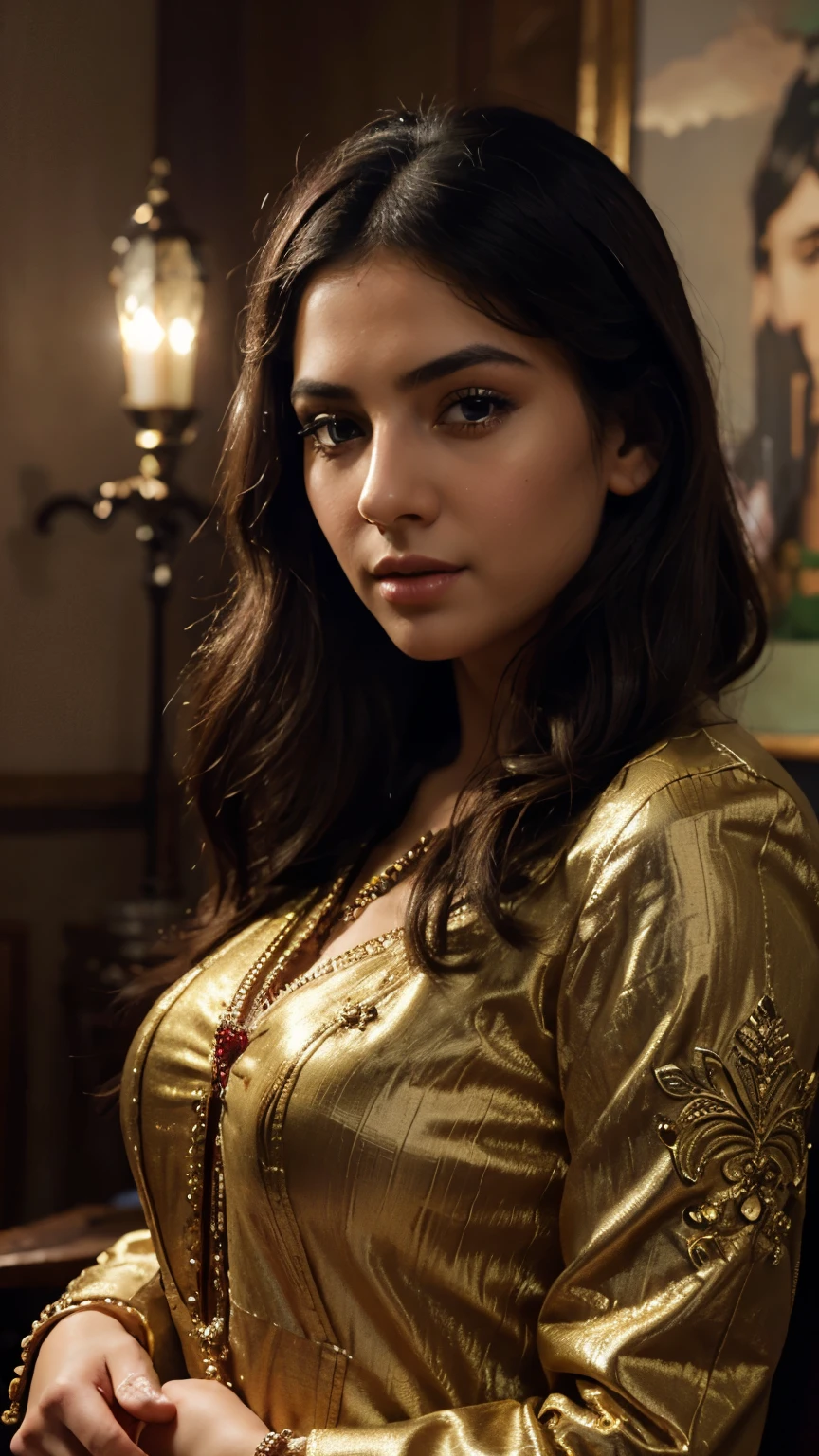 Full body, beautiful detailed eyes, beautiful detailed lips, extremely detailed eyes and face, long eyelashes, 1girl, detailed high-quality portrait, sexy afghan dress, beautiful afghan woman, detailed high-quality digital painting, elegant, charming, dramatic lighting, cinematic color palette, dramatic chiaroscuro lighting, rich and vibrant colors, photorealistic, 8k, best quality, masterpiece