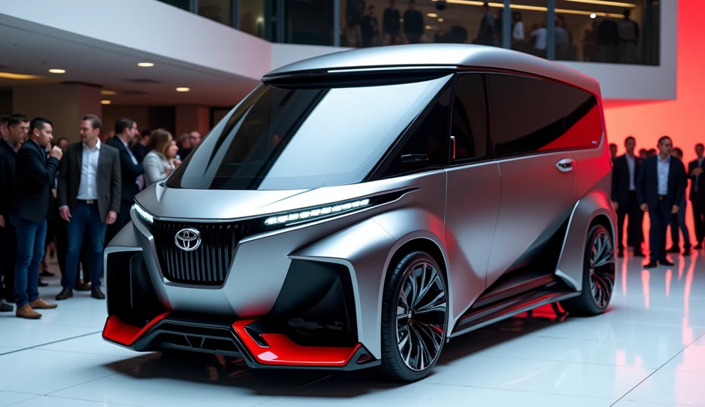 a toyota hiace mixed with bugati divo 2020, modern design, in a showroom with a lots people