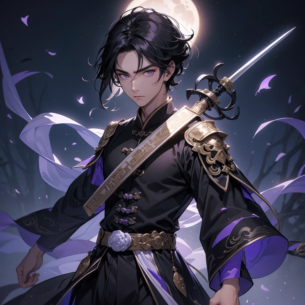 A Handsome black-hair male holding a large sword in black-white ancient chinese costume, Background is a dark moonless night, with dry trees in the background, and purple glowing light,close up.