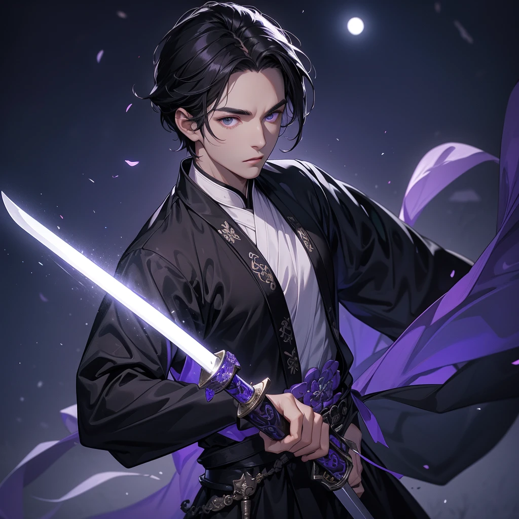 A Handsome black-hair male holding a large sword in black-white ancient chinese costume, Background is a dark moonless night, with dry trees in the background, and purple glowing light,close up.