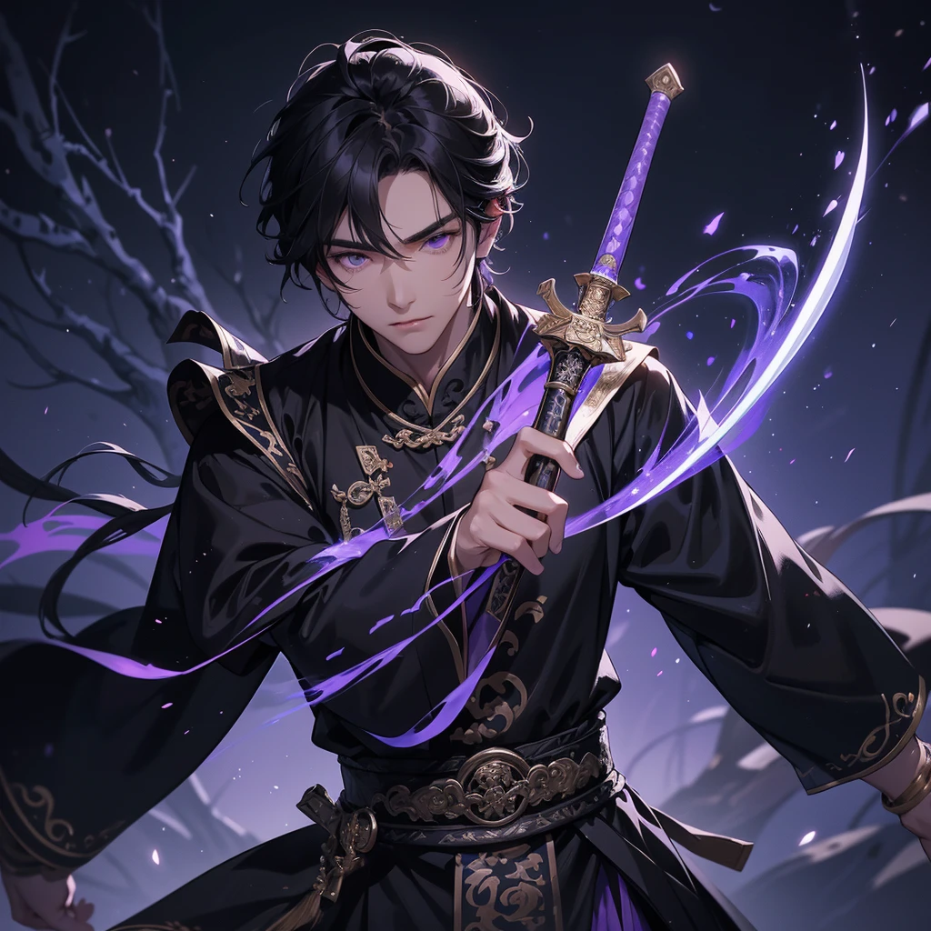 A Handsome black-hair male holding a large sword in black-white ancient chinese costume, Background is a dark moonless night, with dry trees in the background, and purple glowing light,close up.