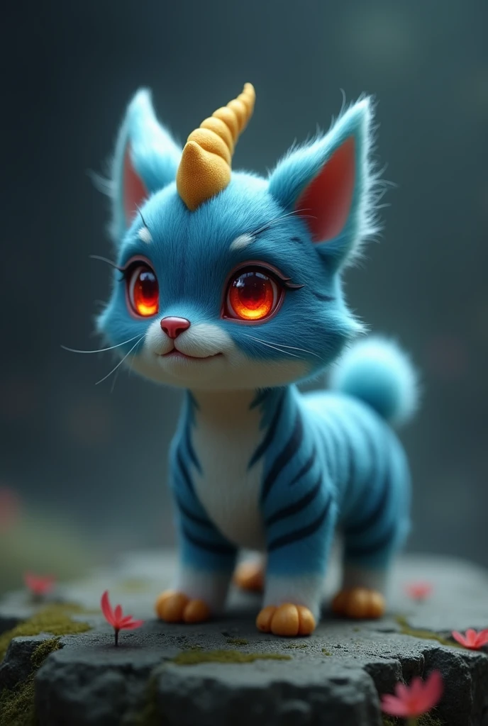 Small and cute dog with red eyes and stripes on the body in dark blue and light blue colors, with only one small yellow horn on top of its head.