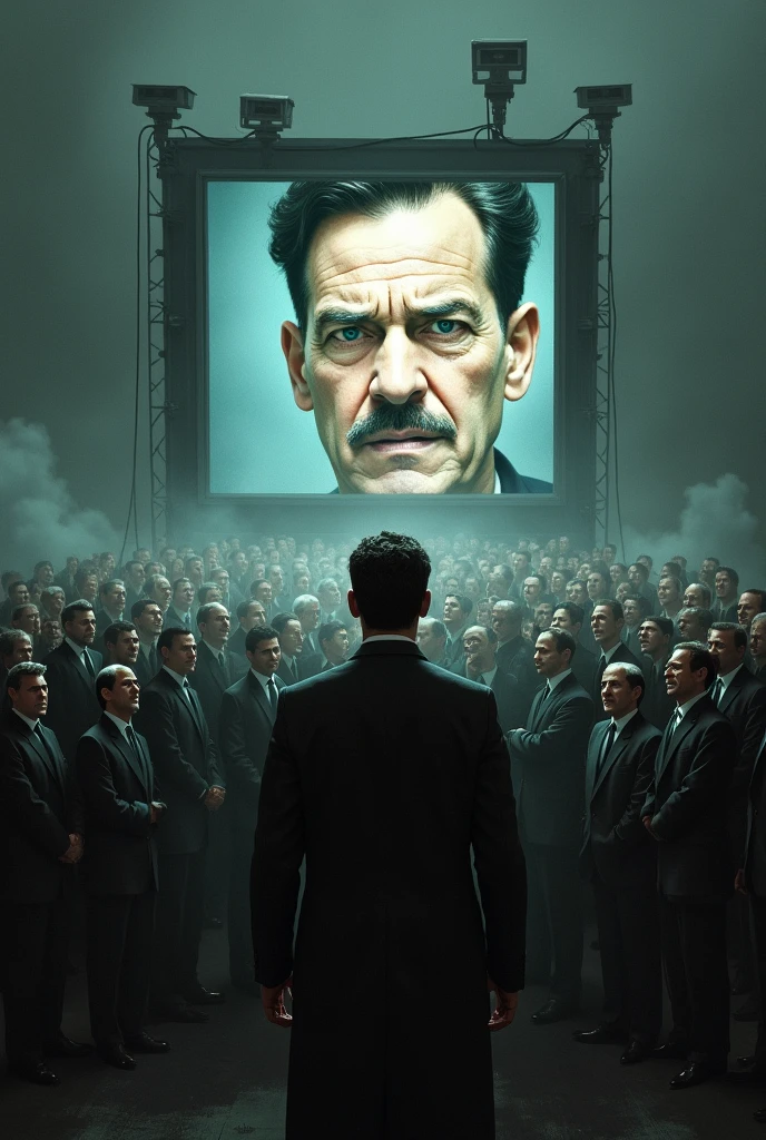 Create an image about the 1984 novel that shows a screen with a photo of an opponent of the regime, which is booed and hated by a group of people,