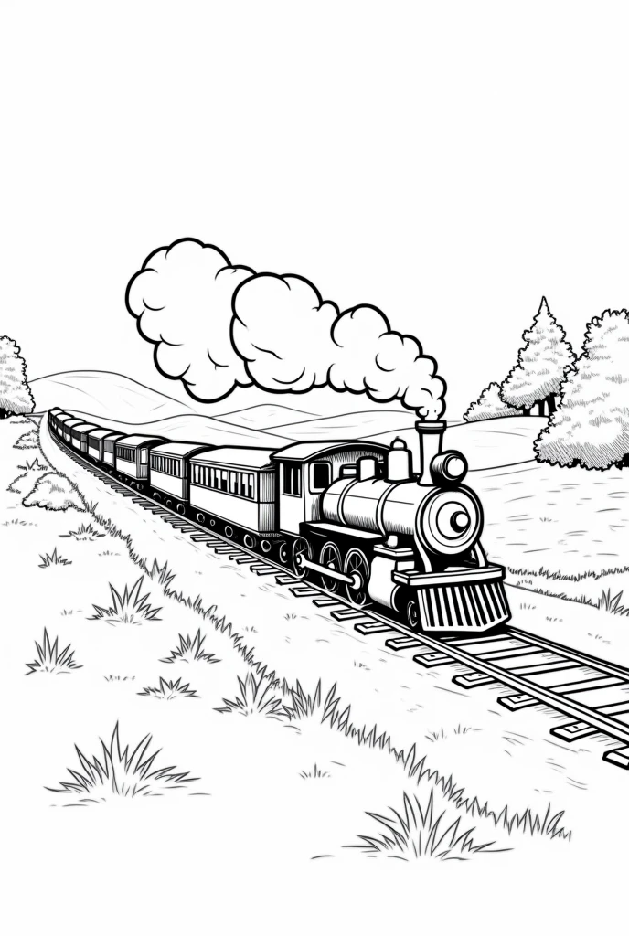 Please, Create a black and white coloring drawing of an old train with a smoking locomotive and several carriages. The train should be on a single track, with hills and trees in the background, and leaves room for children to add details such as passengers or more cars..