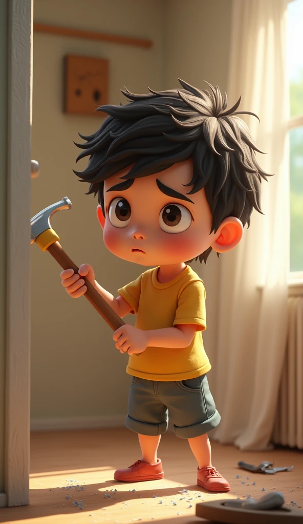 A boy around 10- with a mop of unruly hair, wearing a simple T-shirt and shorts. He has a determined expression, showing frustration when hammering the nails on the wall