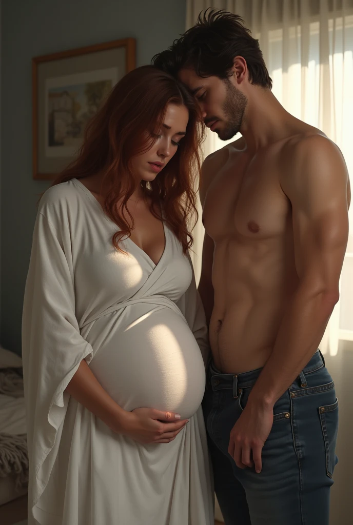 Chestnut woman, pregnant, very beautiful, the body was wrapped in a white sheet, standing in front of her boyfriend who is serious and shirtless. he very attractive. They are in a room. she sad and crying